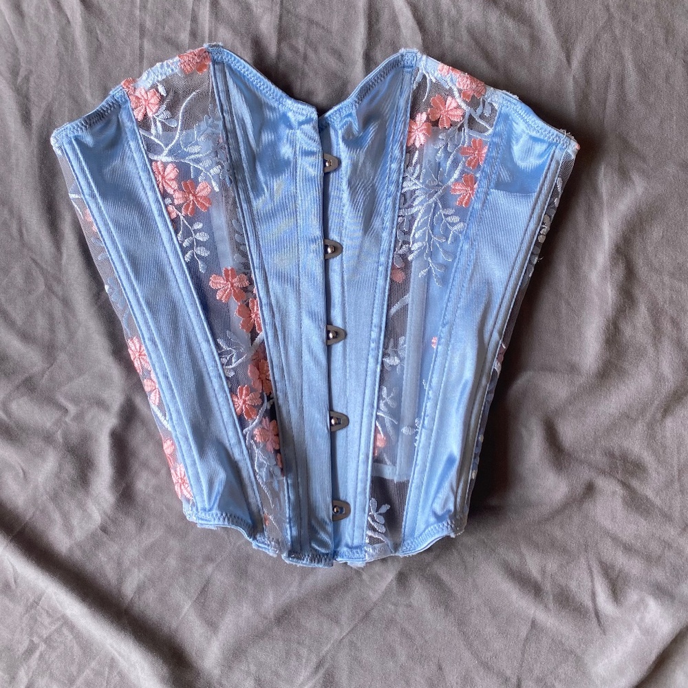 Blue and pink lace embroidered corset